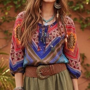 Figueroa & Flower XL Vibrant Whimsigoth Paisley Boho Peasant Resortwear Blouse